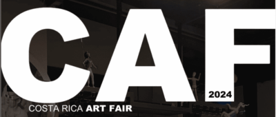 Blkac background with large white letters CAF advertising the Costa Rica Art Fair.